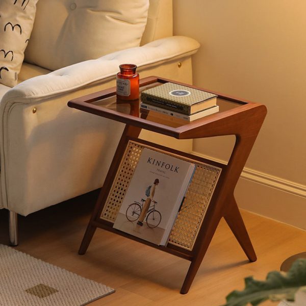 Traditional Japanese Weaving Rattan Glass Cherry Wood Ash Wood Rectangular Side Table 1-Shelf For Living Room - Image 4