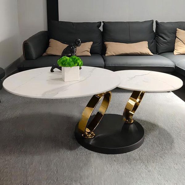 Contemporary Nordic Round Slab Stainless Steel Coffee Table 2-Shelf For Living Room - Image 3