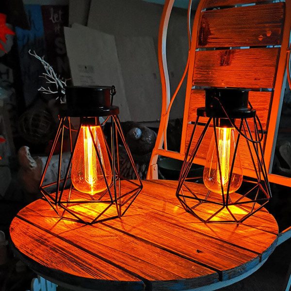 Solar Retro Iron Lantern Geometry LED Decorative Outdoor Landscape Light - Image 2