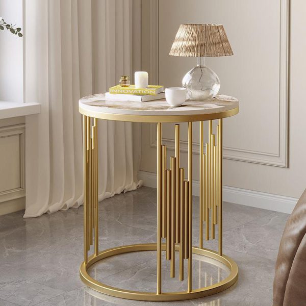 Contemporary Scandinavian Round Cylindrical Rock Slab Carbon Steel End Table For Living Room - Image 12