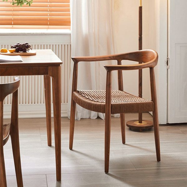 Traditional Vintage Braided Rope Wood Legs Square Dining Chair Backrest Armrest For Dining Room - Image 24