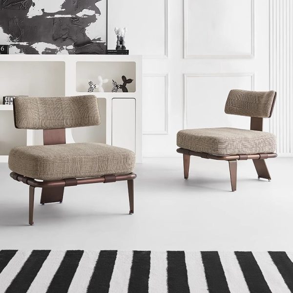 Modern Luxury Rectangular Cushion Cotton Linen Saddle Leather Stainless Steel Accent Chair Backrest For Living Room - Image 17