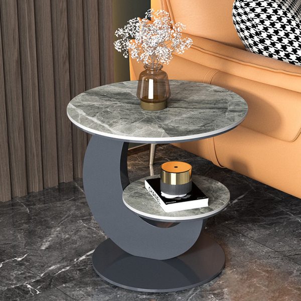 Modern Luxury Round Crescent Moon Frame Slab Carbon Steel End Table 2-Tray For Living Room - Image 24