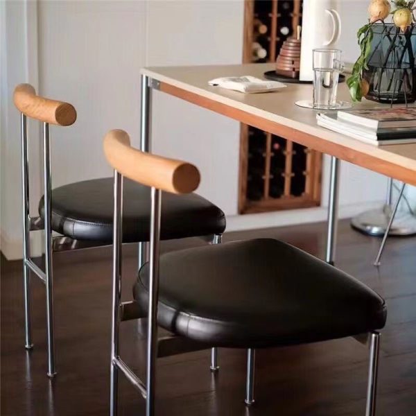 Contemporary Nordic Half Round Leather Metal Wood Curved Backrest Dining Chair For Dining Room - Image 15