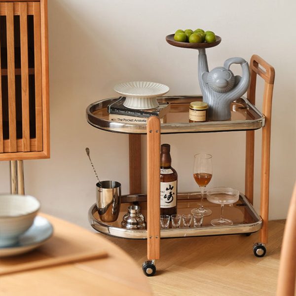 Modern Minimalist Square Wood Glass End Table Two Tier Trolley Swivel For Living Room - Image 3