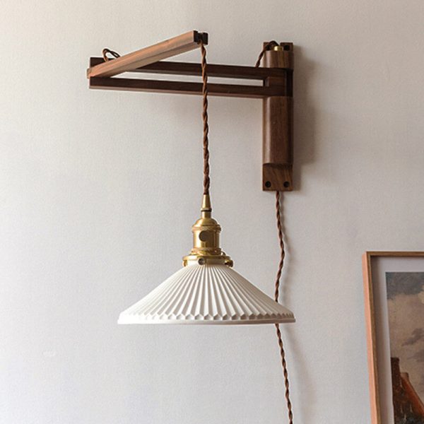 Nordic Milk White Striped Glass Walnut Retractable 1-Light Wall Sconce Lamp - Image 11