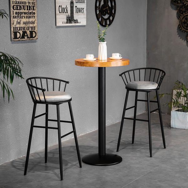 Modern Minimalist Round Upholstered Striped Velvet Iron Bar Stool Backrest For Dining Room - Image 6