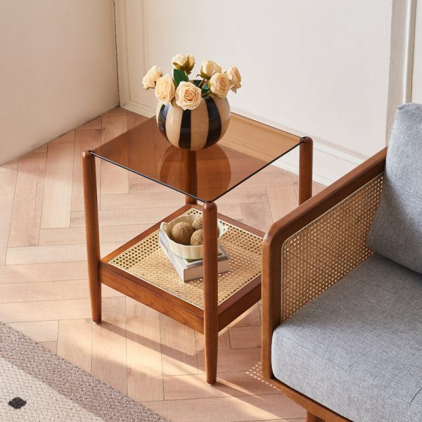 Traditional Japanese Weaving Square Ash Wood Glass End Table 2-Tier For Living Room - Image 3