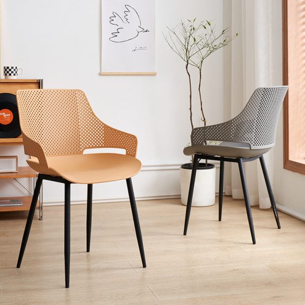 Modern Minimalist Square Hollowed Out Dots Backrest Plastic Iron Dining Chair Armrest For Dining Room - Image 12
