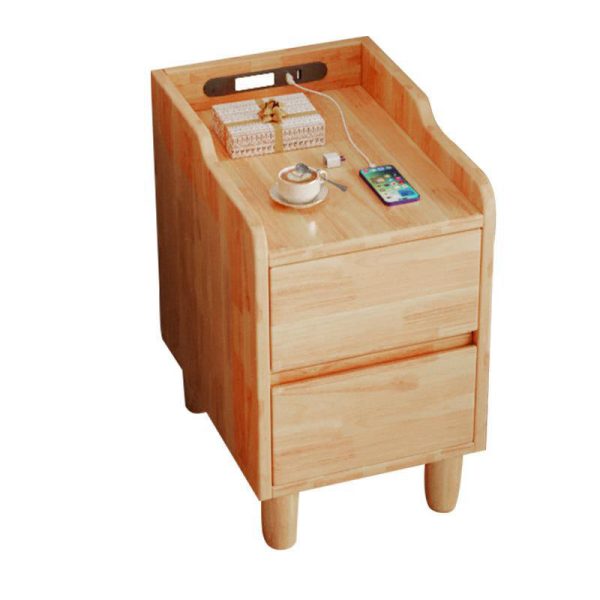 Modern Minimalist Rectangular Rubber Wood Nightstand 2-Drawer Sensor Light USB Charging For Bedroom - Image 12