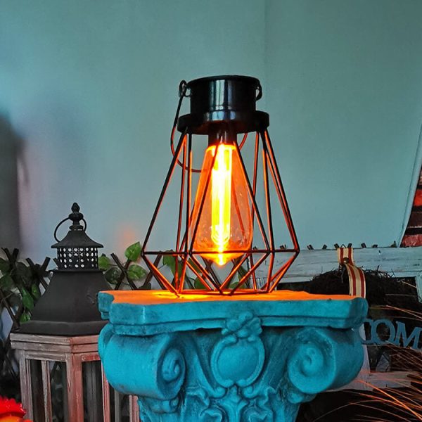 Solar Retro Iron Lantern Geometry LED Decorative Outdoor Landscape Light - Image 6
