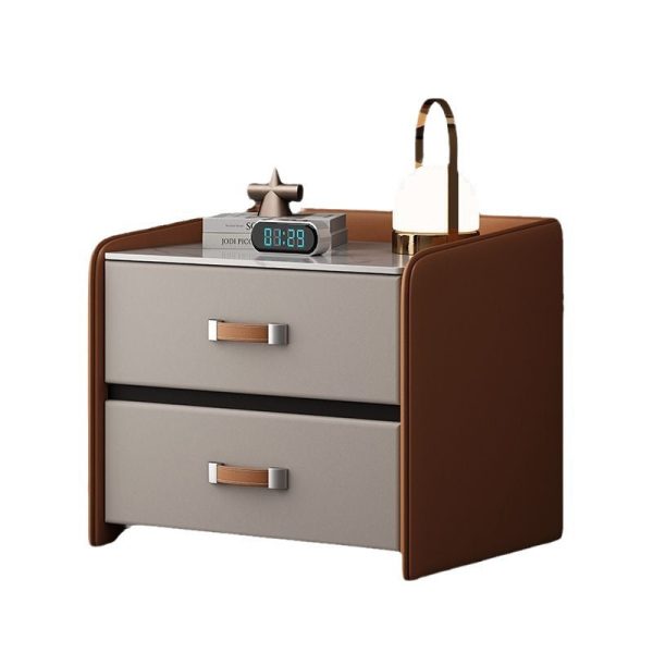 Modern Simplicity Rectangular Slab Saddle Leather Wood Nightstand 2-Drawer For Bedside - Image 14