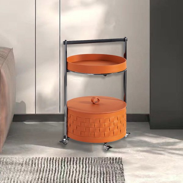 Contemporary Nordic Round Stainless Steel Saddle Leather End Table Movable 2-Tier For Living Room - Image 19