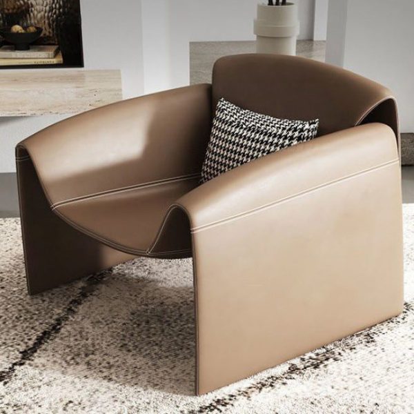 Modern Minimalist Trapezoid Back Plywood Leather Lambswool Accent Chair Backrest Armrest For Living Room - Image 16