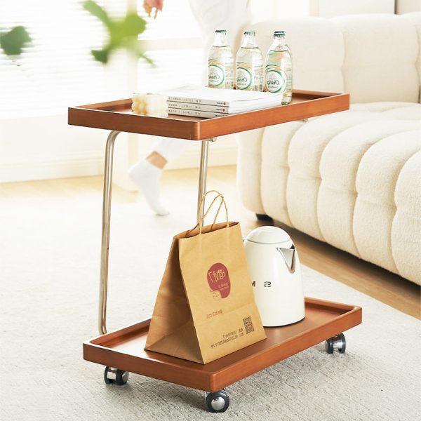 Modern Minimalist Square Wood Metal End Table Two Tier Wheels For Living Room - Image 4