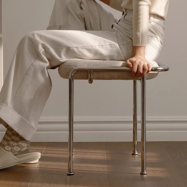 Contemporary Scandinavian Square Cotton Linen Upholstered Stainless Steel Frame Vanity Stool Backless For Bedroom - Image 10