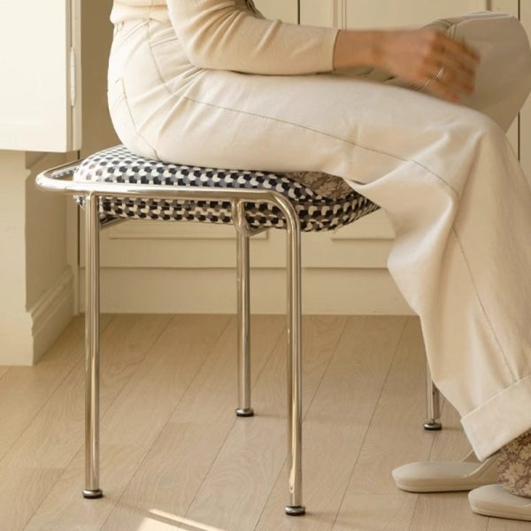Contemporary Scandinavian Square Cotton Linen Upholstered Stainless Steel Frame Vanity Stool Backless For Bedroom - Image 9