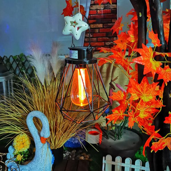Solar Retro Iron Lantern Geometry LED Decorative Outdoor Landscape Light - Image 8