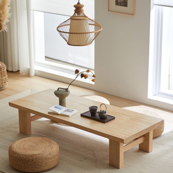 Traditional Japanese Rectangular Tabletop Solid Wood Coffee Table 4-Leg For Living Room - Image 3