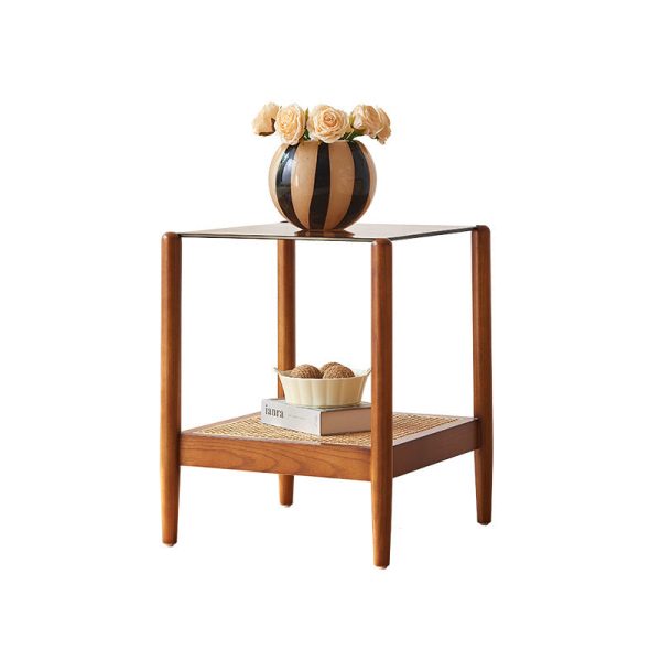 Traditional Japanese Weaving Square Ash Wood Glass End Table 2-Tier For Living Room - Image 9