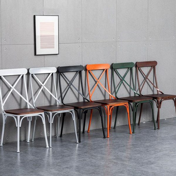 Contemporary Industrial Leather Wood Iron Square X Shape Back Dining Chair & Table Set For Dining Room - Image 3