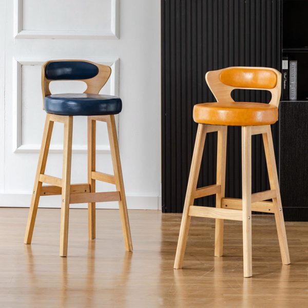 Modern Simplicity Round PU Leather Wood Bar Stool Low Back Footrest For Dining Room - Image 3