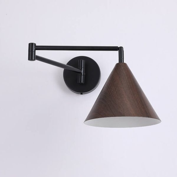 Nordic Minimalist Cone Swing Arm Wood Grain Iron 1-Light Wall Sconce Lamp - Image 8