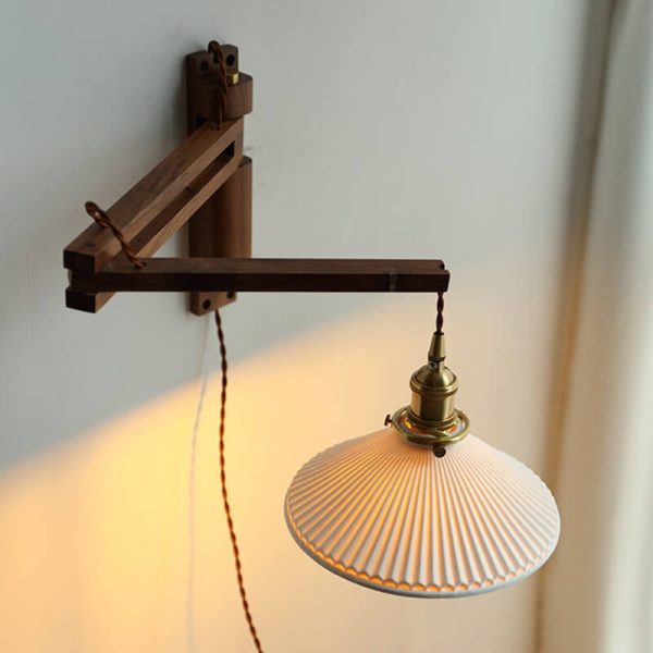 Nordic Milk White Striped Glass Walnut Retractable 1-Light Wall Sconce Lamp - Image 21