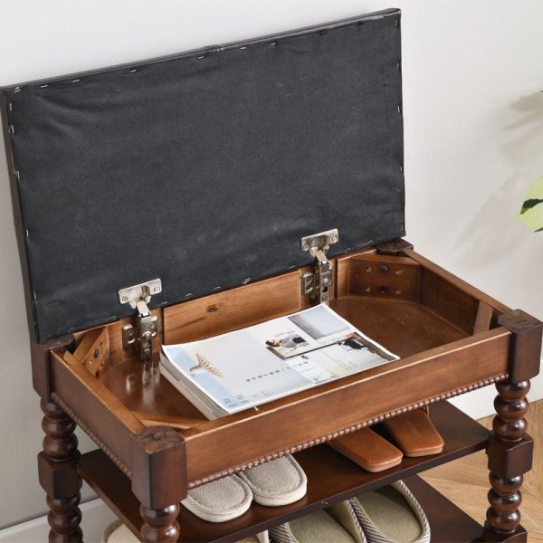 Traditional European Rectangular Wood Leather Vanity Stool Backless Armless For Living Room - Image 6