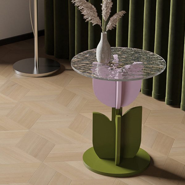 Contemporary Creative Petal Round Tabletop Pine Glass Side Table For Living Room - Image 9
