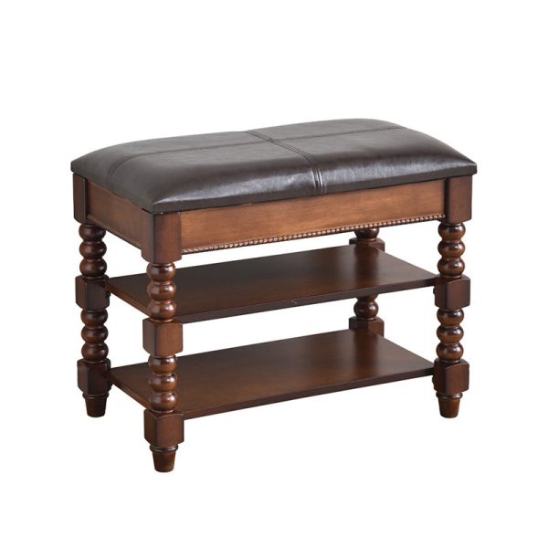 Traditional European Rectangular Wood Leather Vanity Stool Backless Armless For Living Room - Image 9