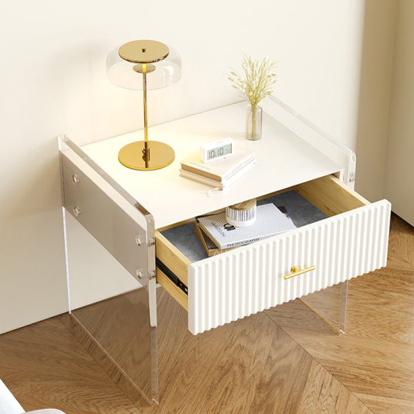 Modern Luxury Rectangular Table Top Acrylic Tempered Glass Solid Wood Nightstand 1-Drawer For Bedroom - Image 3
