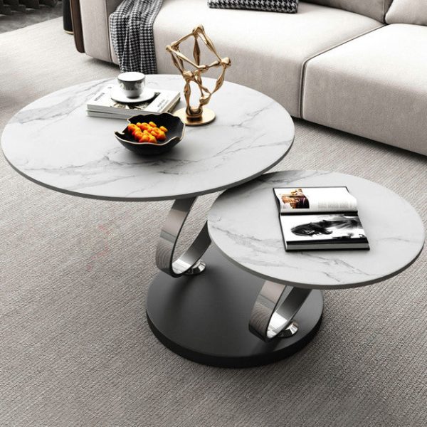 Contemporary Nordic Round Slab Stainless Steel Coffee Table 2-Shelf For Living Room - Image 12