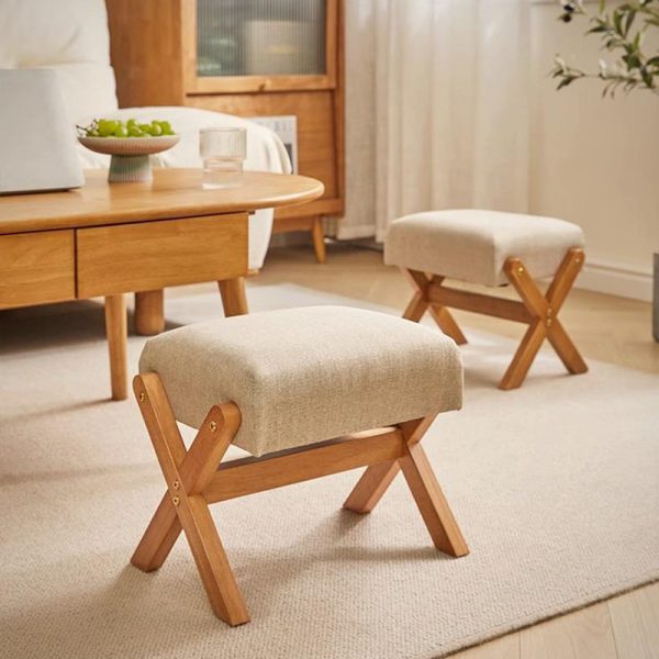 Contemporary Simplicity Wood Linen X-Shaped Legs Footstool Backless Armless For Entryways - Image 3
