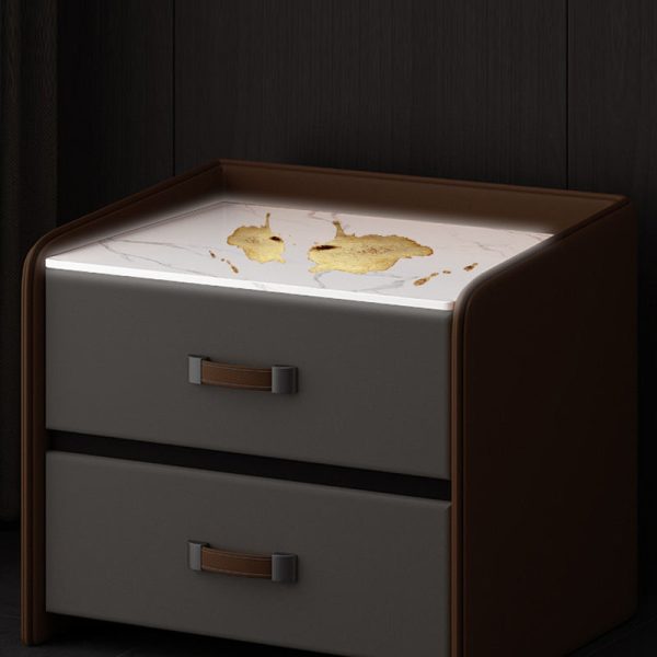 Modern Simplicity Rectangular Slab Saddle Leather Wood Nightstand 2-Drawer For Bedside - Image 10