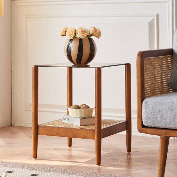 Traditional Japanese Weaving Square Ash Wood Glass End Table 2-Tier For Living Room - Image 8
