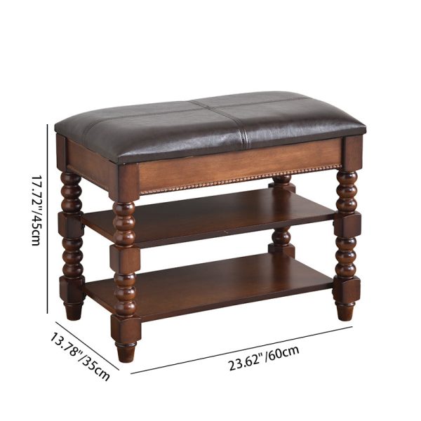 Traditional European Rectangular Wood Leather Vanity Stool Backless Armless For Living Room - Image 4