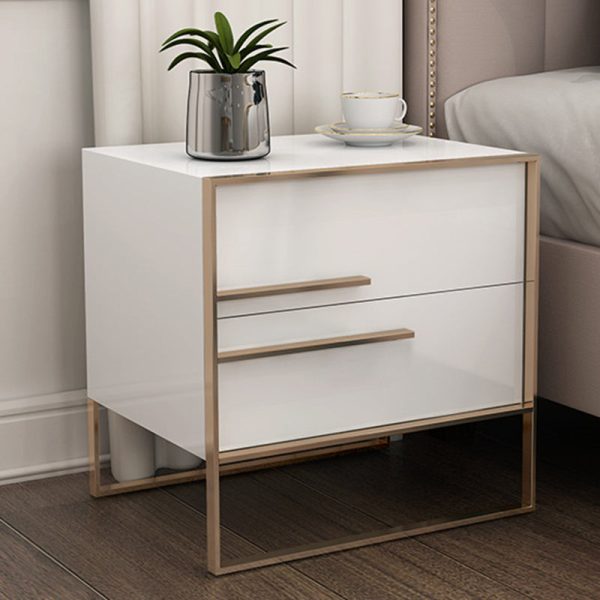 Modern Simplicity Cubic Solid Wood Stainless Steel Frame Nightstand 2-Drawer For Bedroom - Image 2