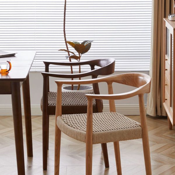 Traditional Vintage Braided Rope Wood Legs Square Dining Chair Backrest Armrest For Dining Room - Image 12