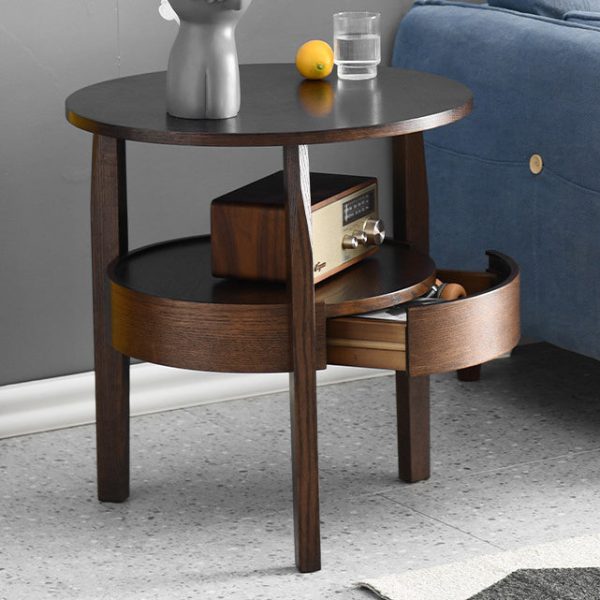 Contemporary Retro Antique Oak Wood Circular End Table 2-Tier Drawer For Living Room - Image 12
