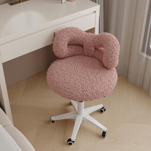 Modern Art Deco Butterfly Knot Round Lambswool Leather Metal Vanity Stool Backrest Armless For Bedroom - Image 3