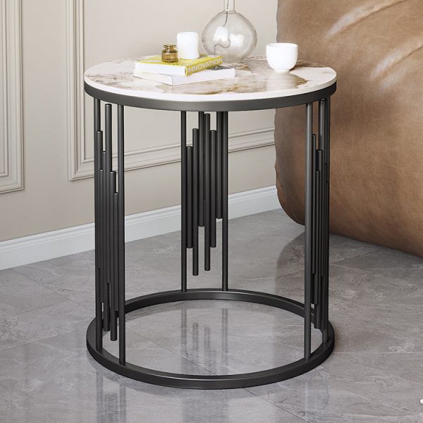 Contemporary Scandinavian Round Cylindrical Rock Slab Carbon Steel End Table For Living Room - Image 3