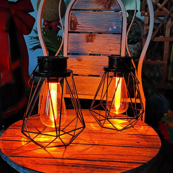 Solar Retro Iron Lantern Geometry LED Decorative Outdoor Landscape Light - Image 11