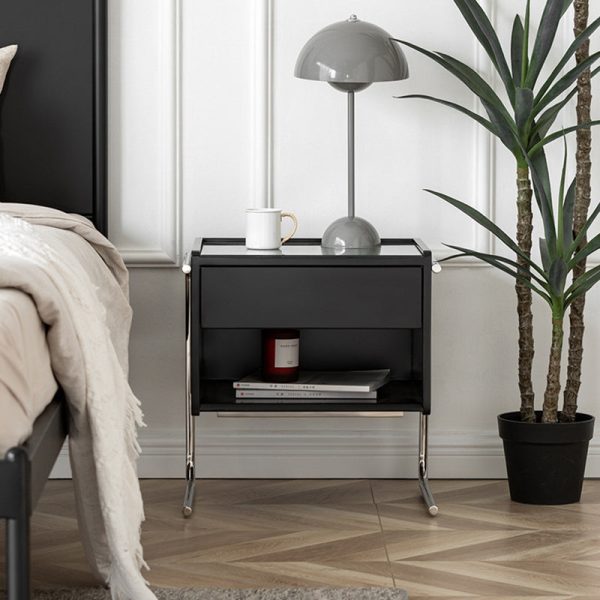 Contemporary Scandinavian Rectangular Solid Wood Stainless Steel Glass Nightstand 1-Drawer For Bedroom - Image 3