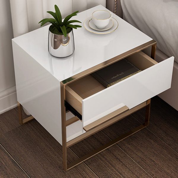Modern Simplicity Cubic Solid Wood Stainless Steel Frame Nightstand 2-Drawer For Bedroom - Image 3