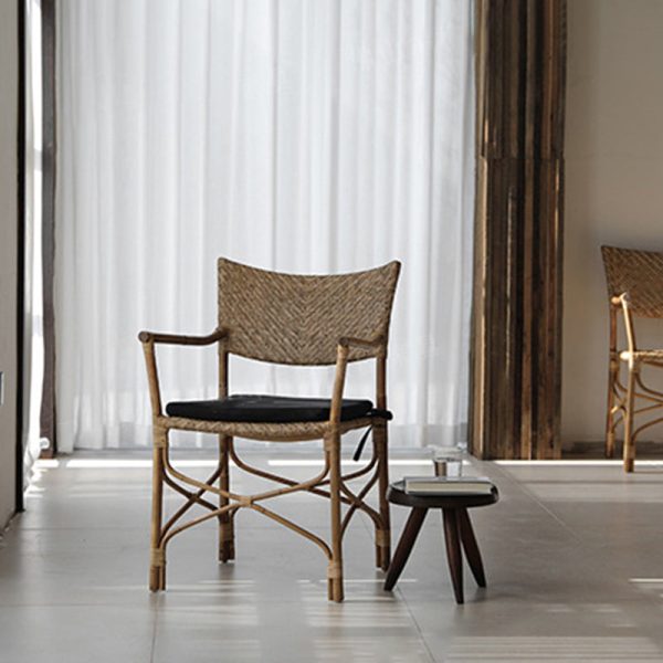 Traditional Farmhouse Weaving Rattan Square Dining Chair Backrest Armrest For Living Room - Image 2
