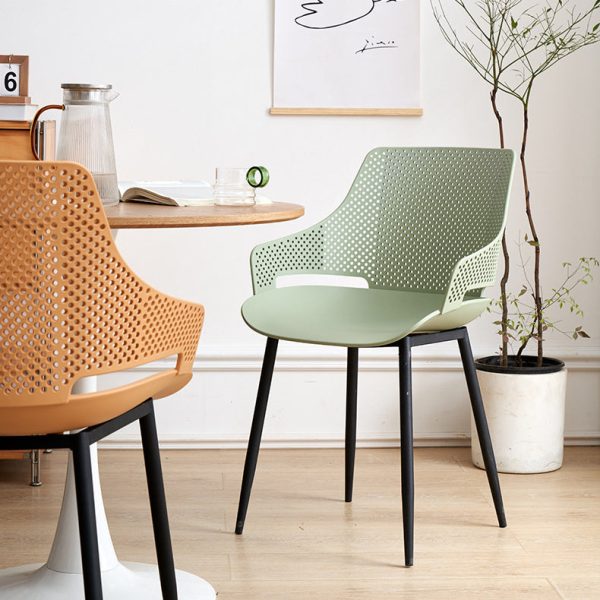 Modern Minimalist Square Hollowed Out Dots Backrest Plastic Iron Dining Chair Armrest For Dining Room - Image 13