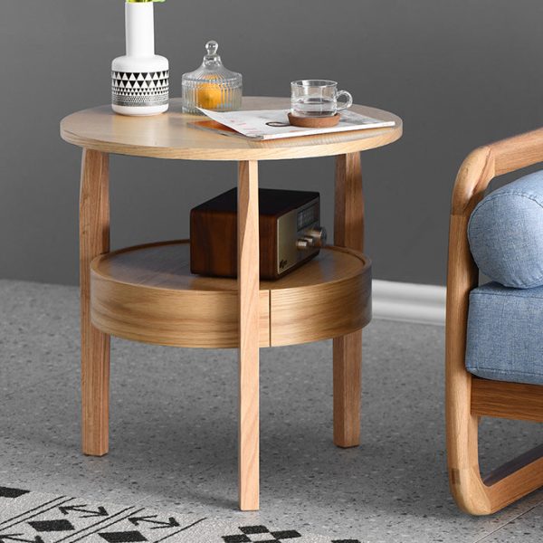 Contemporary Retro Antique Oak Wood Circular End Table 2-Tier Drawer For Living Room - Image 10