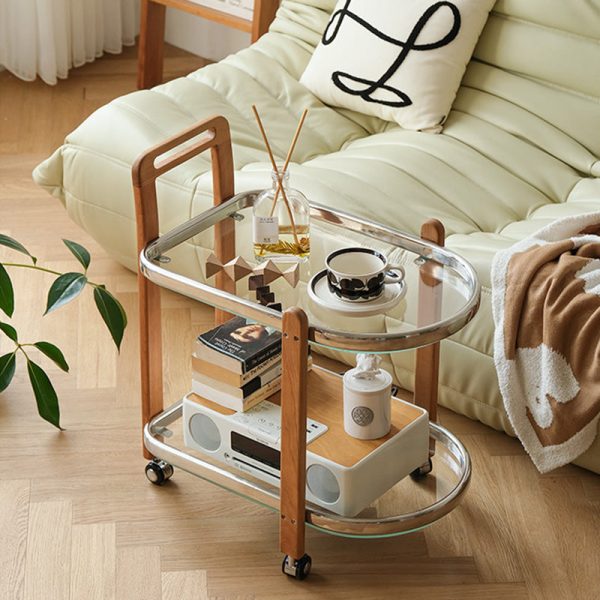 Modern Minimalist Square Wood Glass End Table Two Tier Trolley Swivel For Living Room - Image 17