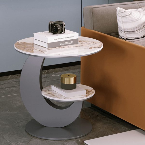 Modern Luxury Round Crescent Moon Frame Slab Carbon Steel End Table 2-Tray For Living Room - Image 16